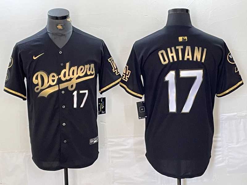 Men%27s Los Angeles Dodgers #17 Shohei Ohtani Number Black Gold Fashion Stitched Cool Base Limited Jersey